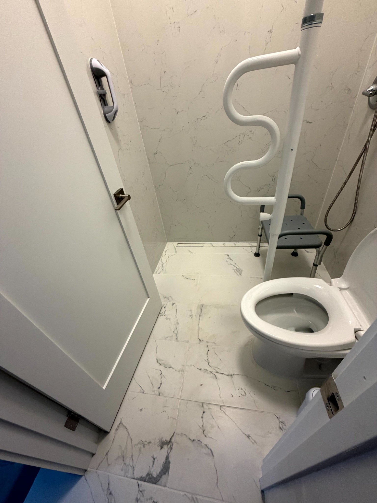 Curbless bathroom entry and shower seat
