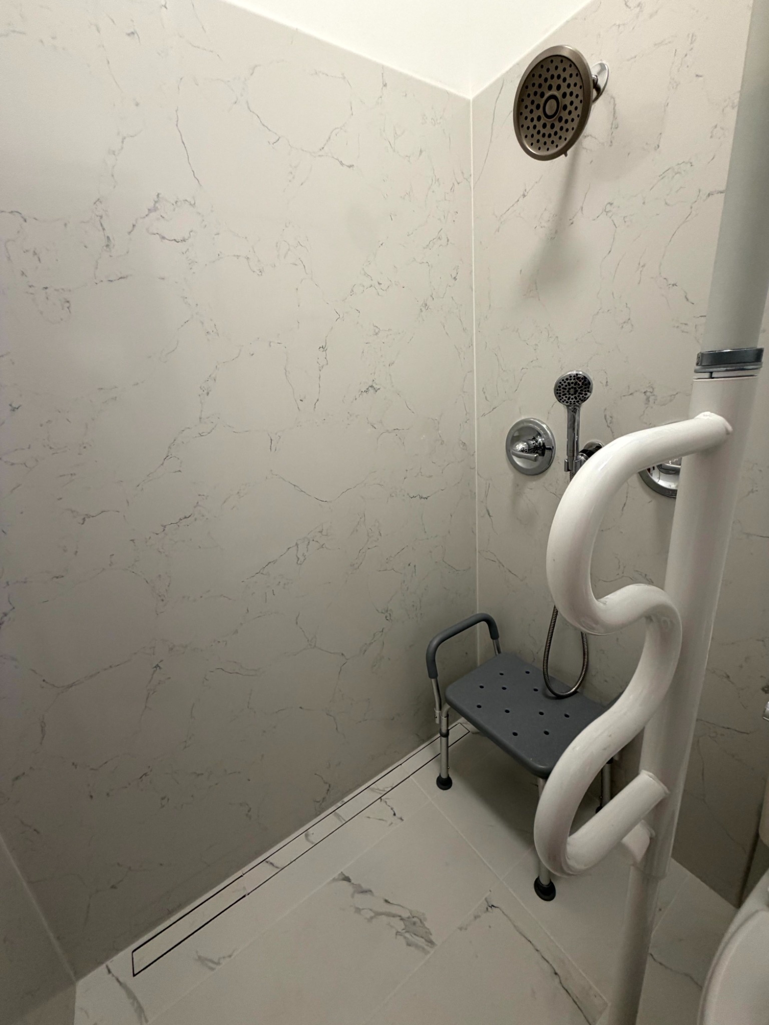 Curbless shower floor, linear drain and handheld shower